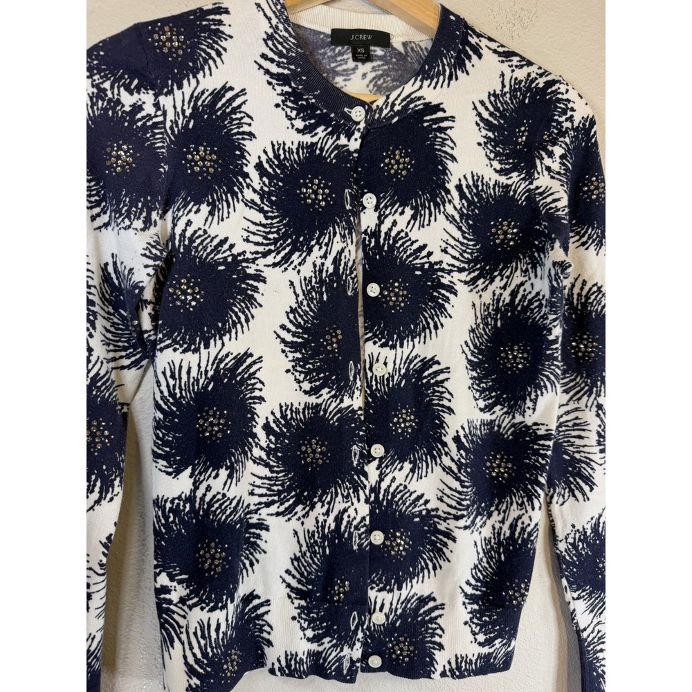 J.CREW Women's XS Navy/White Knit Cardigan Crew Neck Floral Rhinestone Buttons